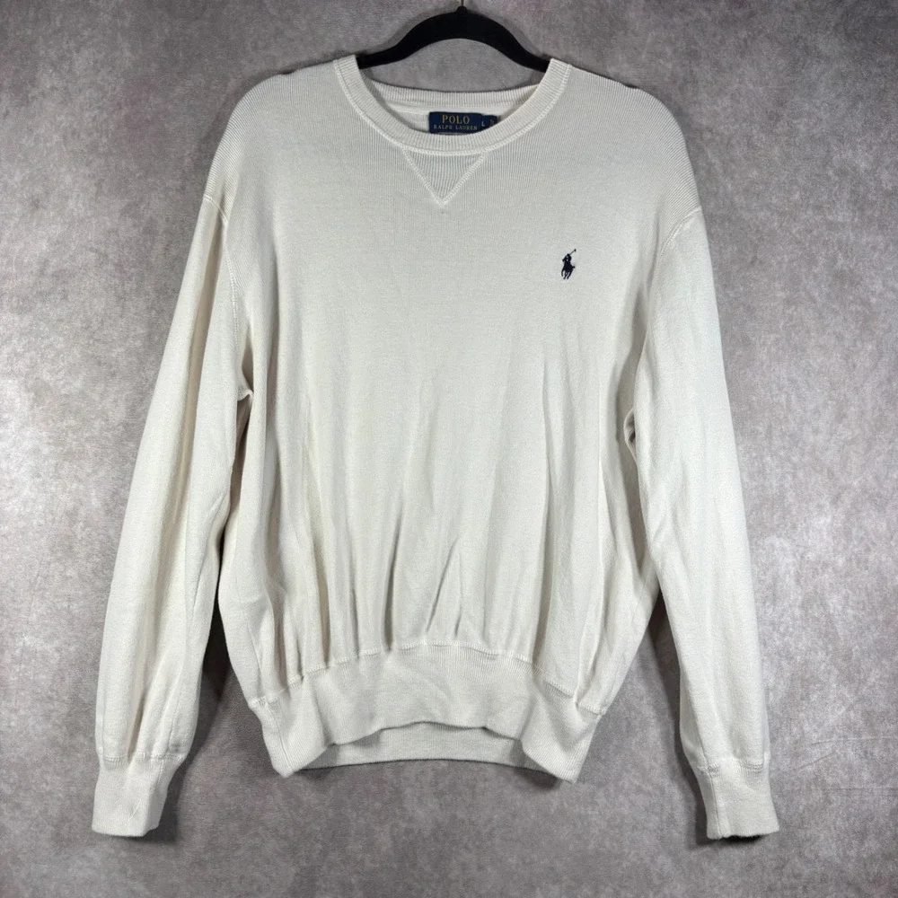 Polo Ralph Lauren Sweater Mens Large Cream Pullover Crewneck Ribbed Cotton Pony